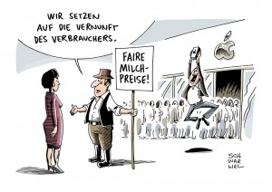 Lebensmittel: Tiefer Milchpreis treibt EU-Bauern auf die Straße - Karikatur Schwarwel