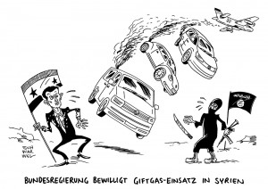 Syrien: Merkel erwägt Gespräche mit Assad, VW-Dieselgate: 2,8 Millionen Autos in Deutschland betroffen - Karikatur Schwarwel