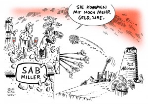 Bier: SABMiller wehrt sich gegen Übernahmeavancen von ABInbev - Karikatur Schwarwel