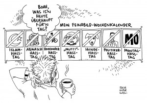 Feindbild: Anschlag von Köln zeigt, wie weit sich Einzelne radikalisieren können - Karikatur Schwarwel