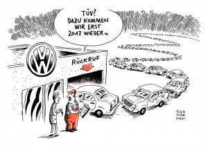 Abgas-Skandal und VW-Rückruf:  Auf jede Werkstatt warten rund 1100 Autos - Karikatur Schwarwel