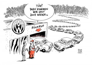 Abgas-Skandal und VW-Rückruf:  Auf jede Werkstatt warten rund 1100 Autos - Karikatur Schwarwel