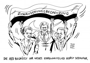 CSU-Chef Horst Seehofer in Flüchtlingskrise: Knappe Mehrheit der CDU/CSU-Anhänger hält Seehofers Politik in der Flüchtlingskrise für schlecht, vor allem 97 % AfD-Anhänger unterstützen seinen Kurs - Karikatur Schwarwel