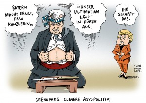 Asylpolitik und Flüchtlingskrise: Horst Seehofer droht Angela Merkel - aber womit? - Karikatur Schwarwel