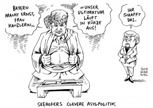 Asylpolitik und Flüchtlingskrise: Horst Seehofer droht Angela Merkel - aber womit? - Karikatur Schwarwel