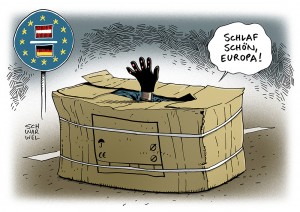 Situation an der österreichisch-deutschen Grenze: Erstaufnahme im Pappkarton - Karikatur Schwarwel