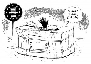 Situation an der österreichisch-deutschen Grenze: Erstaufnahme im Pappkarton - Karikatur Schwarwel