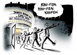 Neuer Bond-Film: Kritik an zu viel Product-Placement-Schleichwerbung - Karikatur Schwarwel