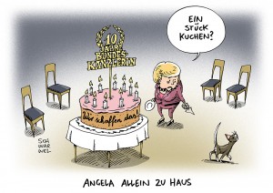 10 Jahre Kanzlerin: Bei Asylpolitik geht es um Merkels Kanzlerschaft - Karikatur Schwarwel