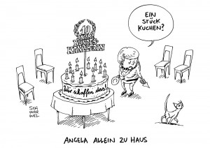 10 Jahre Kanzlerin: Bei Asylpolitik geht es um Merkels Kanzlerschaft - Karikatur Schwarwel