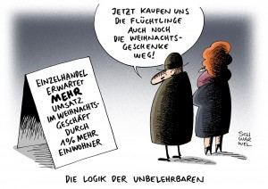 Weihnachtsgeschäft: Einzelhandel erwartet Umsatzplus durch Einwanderung als Wirtschaftsfaktor - Karikatur Schwarwel