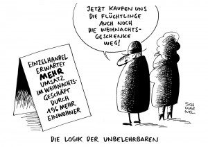 Weihnachtsgeschäft: Einzelhandel erwartet Umsatzplus durch Einwanderung als Wirtschaftsfaktor - Karikatur Schwarwel