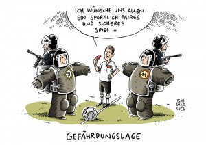 Nach Länderspiel-Absage: Die Liga spielt – mit Sicherheit - Karikatur Schwarwel