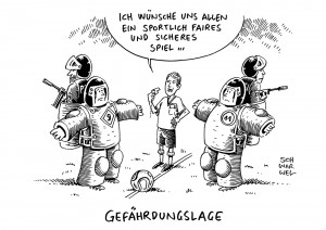 Nach Länderspiel-Absage: Die Liga spielt – mit Sicherheit - Karikatur Schwarwel