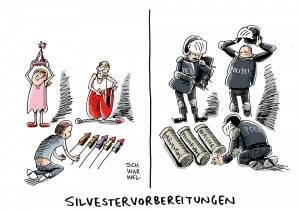 Terrorangst: Verschärfte Sicherheitsvorkehrungen bei Silvesterfeiern - Karikatur Schwarwel