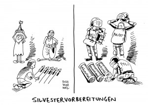 Terrorangst: Verschärfte Sicherheitsvorkehrungen bei Silvesterfeiern - Karikatur Schwarwel