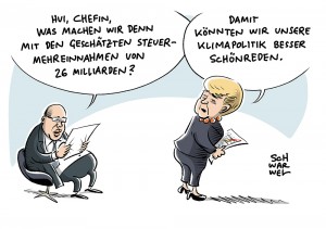 Steuerschätzer sagen Mehreinnahmen von 26 Milliarden Euro voraus, Die Klimakanzlerin: Bisherige Ziele reichen nicht aus, um Weltklima zu retten